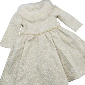 Janie & Jack Girls Cream Gold Lace Faux Fur Collar Holiday Party Concert 3T